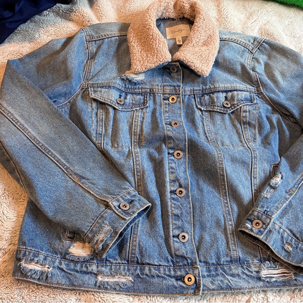 JESSICA SIMPSON DISTRESSED JEAN JACKET/FUR COLLAR - XLARGE - Picture 6 of 6